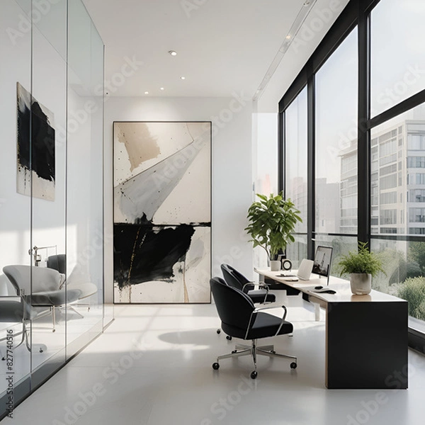 Fototapeta A sleek and minimalist office space, with floor-to-ceiling windows that flood the room with natural light. The walls are adorned with abstract art pieces, adding a touch of creativity
