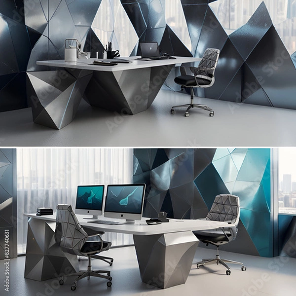 Fototapeta Imagine a futuristic office, with holographic screens and floating desks. The walls are covered in geometric patterns, and the furniture is made of sleek, metallic materials.