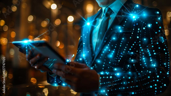 Fototapeta Young businessman using a modern digital tablet on a dark background in the office. The hands of a man in a suit works with a technological tablet.