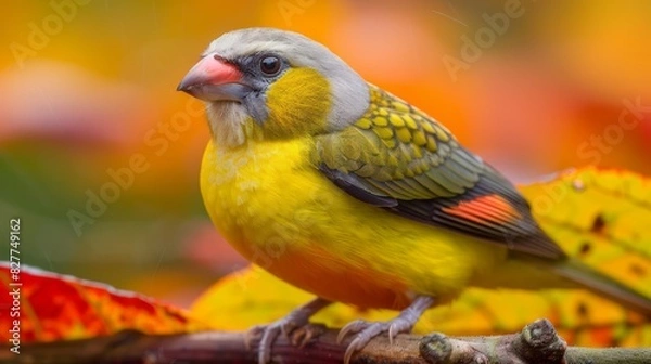 Fototapeta  A tight shot of a bird perched on a branch against a backdrop of leafy greens The bird is depicted in soft focus, featuring orange, yellow, and gray hues,