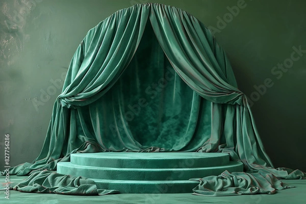 Fototapeta Luxury dark green 3D cylinder podium realistic or pedestal stage for product display presentation. Stage with green light.