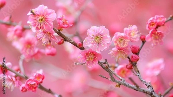 Fototapeta  A tight shot of a pink bloom on a tree branch, surrounded by pink blossoms in the foreground The background softly features a mass of pink flowers