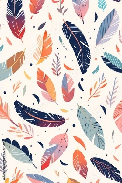 Fototapeta Autumn-Colored Feather Pattern on White Background Featuring Various