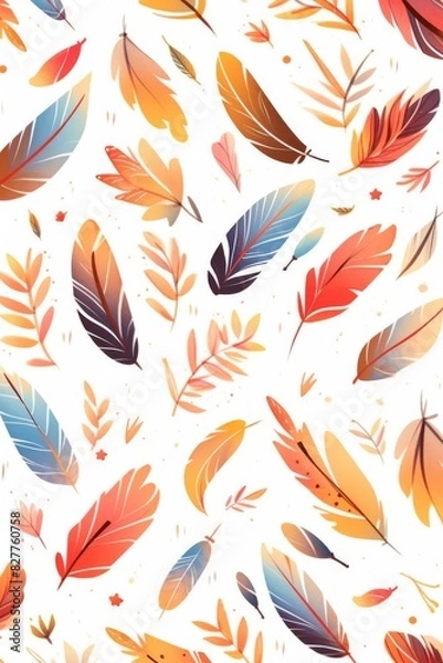 Fototapeta Autumn-Colored Feather Pattern on White Background Featuring Various