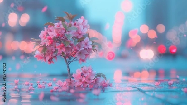 Obraz  A tight shot of a pink bloom on a damp surface, surrounded by blurred city lights in the background