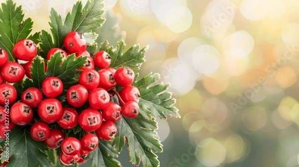 Fototapeta  Red berries atop a green plant, love inscribed in black letters above