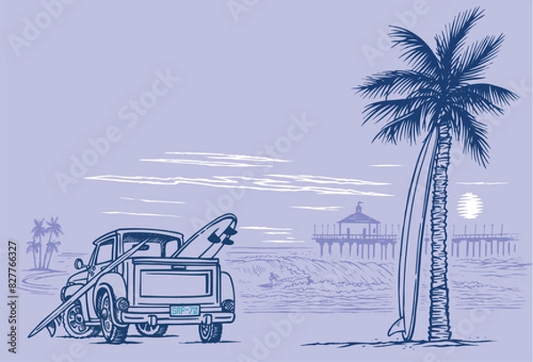 Obraz Beach landscape illustration with waves, surfer and surfer car. Art in free and uncluttered lines.