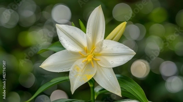 Fototapeta  A close-up of a white flower, dewdrops on its petals, and green leaves against a softly blurred backdrop of trees