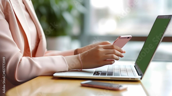 Fototapeta A Businesswoman Holding a Mobile Phone and Using a Laptop Sitting in a Coffee Shop, High-angle View of a Closeup Photo of a Cafe, Businesswoman's Desk