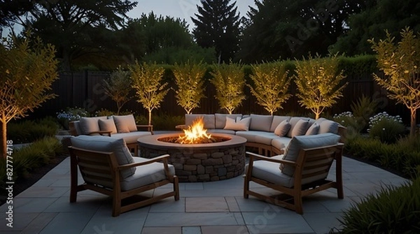 Fototapeta  fire pit with a stone surround and a seating area with cushions 