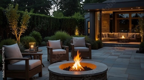 Fototapeta  fire pit with a stone surround and a seating area with cushions 