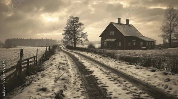 Fototapeta Vintage style countryside with a rustic road and an old farmhouse, sepia tones, and a nostalgic atmosphere, Vintage, Photography 8K , high-resolution, ultra HD,up32K HD