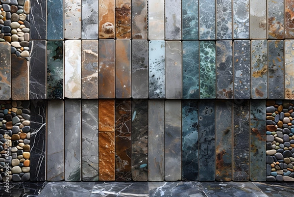 Obraz Background close-up view of a mosaic wall made of square tiles in different colors. The tiles have a weathered look and some appear cracked