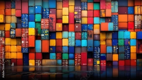 Fototapeta cargo ship being loaded with colorful shipping containers, 