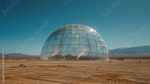 Fototapeta A high-tech agricultural dome surrounded by barren desert, showcasing the struggle to grow crops in a warmer future.