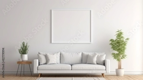 Fototapeta Modern interior with white sofa and white frame on white wall mockup, 3d rendering. Minimalist home design in living room with blank white picture