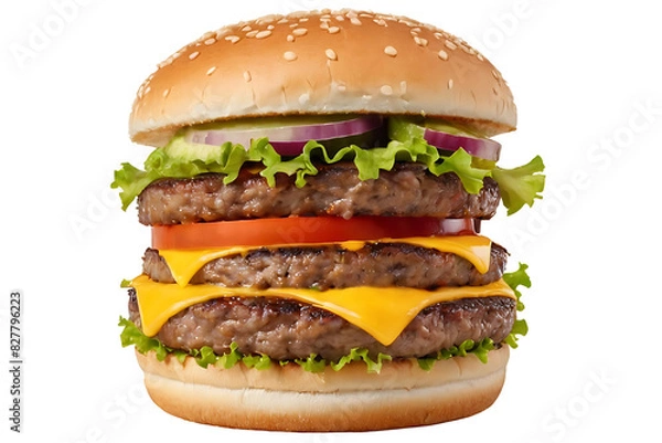 Fototapeta A cheeseburger with two beef patties, melted cheese, lettuce, tomato, onion, and pickles on a sesame seed bun. Perfect for restaurant menus, food blogs, or advertisements