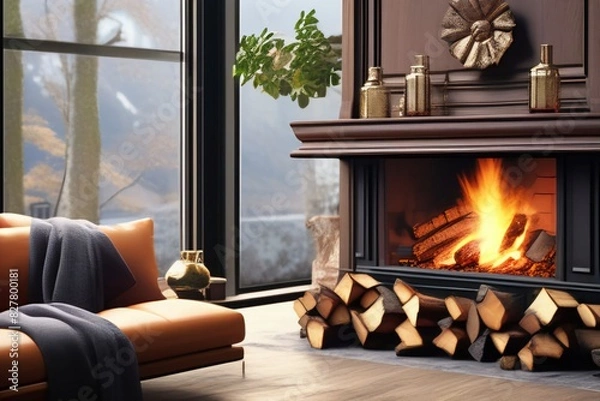 Fototapeta A cat family in front of a warm indoor wood burning stove