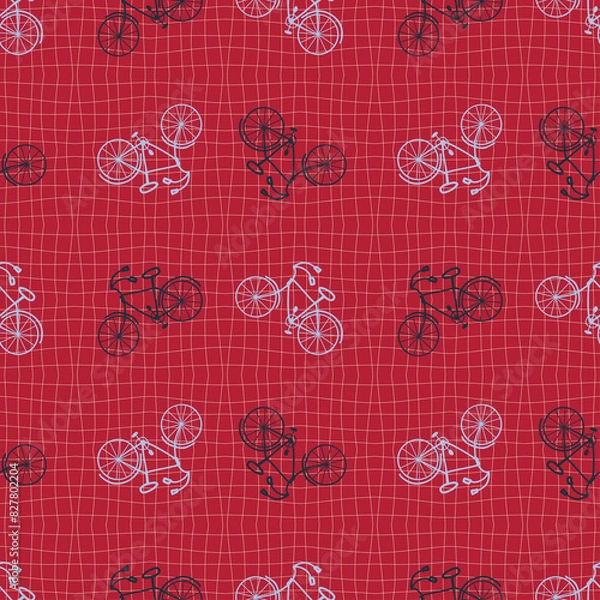 Fototapeta Groovy style bicycles seamless pattern on grid distorted background. Sport aesthetic print for fabric, paper, textile. Doodle illustration.