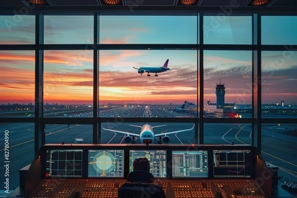 Fototapeta A view from the air traffic control tower at sunset, with planes taxiing and a plane taking off.