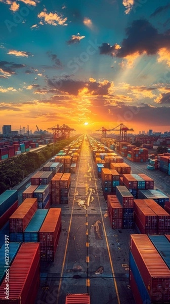 Fototapeta Sunset paints a dramatic sky over an industrial container terminal, stacked with colorful containers.