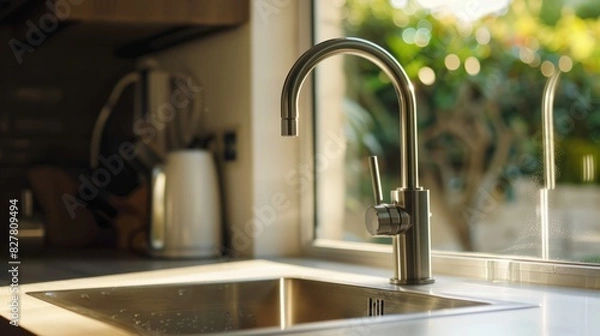 Fototapeta  Close-up, simple background,  stainless steel faucet, 