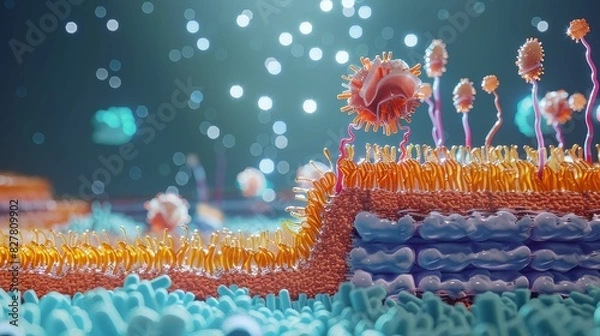Obraz Highly detailed visualization of a cell membrane showcasing intricate protein channels and receptors