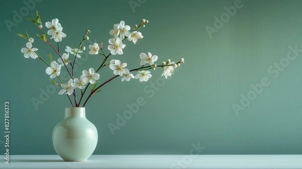 Fototapeta A minimalistic floral arrangement with a green background, emphasizing simplicity and elegance. The delicate flowers bring a touch of nature, creating a calm and inviting mood. The ample copy space