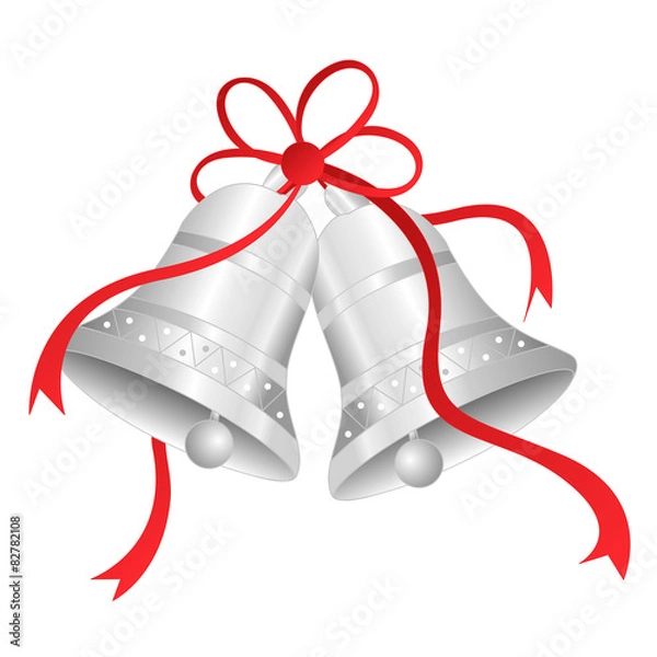 Fototapeta Silver bells with red ribbon bow