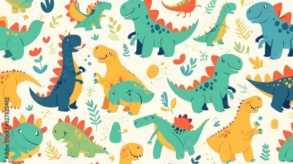 Fototapeta Quirky dinosaurs with a playful twist in a delightful pattern designed to enhance your creative projects Enjoy this charming 2d illustration