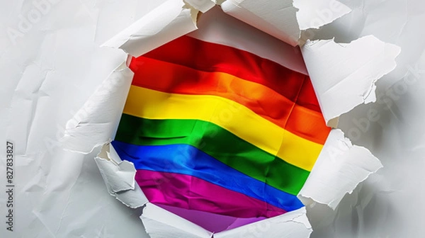 Obraz the lgbt rainbow flag in the hole of torn white paper extreme closeup.