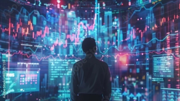 Obraz A trader gazes up at a massive holographic screen transfixed by the colorful charts and graphics representing the everchanging market trends.
