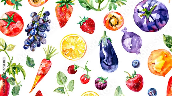 Obraz Vibrant watercolor fruits and vegetables create a seamless pattern.