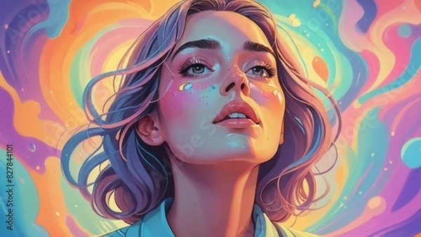 Fototapeta Vibrant, dreamy portrait of a woman with colorful abstract background, radiating a sense of wonder and imagination.