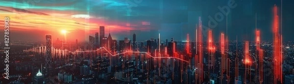 Fototapeta Urban economic narrative highlighted by glowing investment and growth charts against a city at dusk, reflecting financial optimism