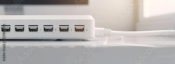 Fototapeta White Wi-Fi Router and Cables,Modern Wi-Fi Router with Network Connections