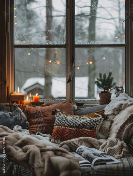Fototapeta living room warmly decorated for the festive season, featuring a white sofa with decorative pillows, a wooden table adorned with pumpkins and candles, and a Christmas tree illuminated 