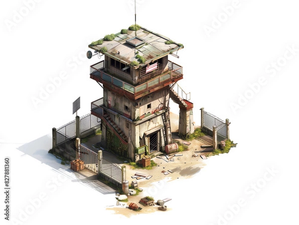 Fototapeta Digital art of a dilapidated guard tower with an overgrown roof surrounded by a broken fence and scattered debris under daylight, Transparent PNG Game Asset