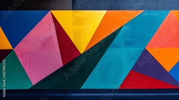 Fototapeta A series of geometric shapes in vibrant hues intersecting on a dark blue wall.