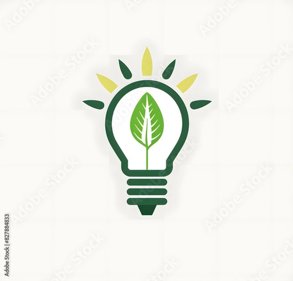 Fototapeta Logo, green lightbulb with leaf in the middle, white background, vector graphic design, simple, minimalistic style, modern logo, green and creme color palette. Generated AI.