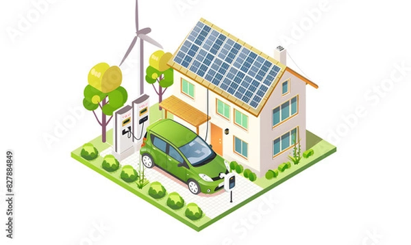 Fototapeta A large battery charging an electric car, with solar panels on the roof of a house and wind turbines in the background. A green energy concept vector. Generated AI.