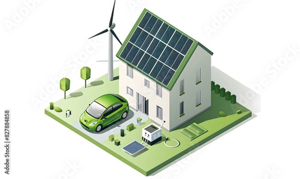 Fototapeta A large battery charging an electric car, with solar panels on the roof of a house and wind turbines in the background. A green energy concept vector. Generated AI.