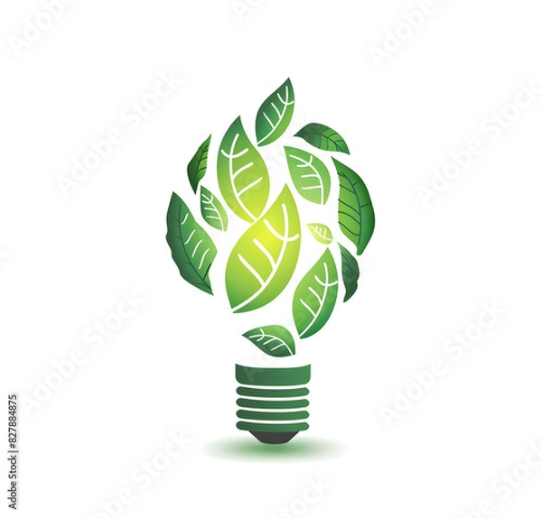 Fototapeta Logo, green lightbulb with leaf in the middle, white background, vector graphic design, simple, minimalistic style, modern logo, green and creme color palette. Generated AI.