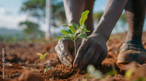 Fototapeta Close up of African man hand planting tree on brown soil with windmill in background, green environment and clean air concept. Generated AI.