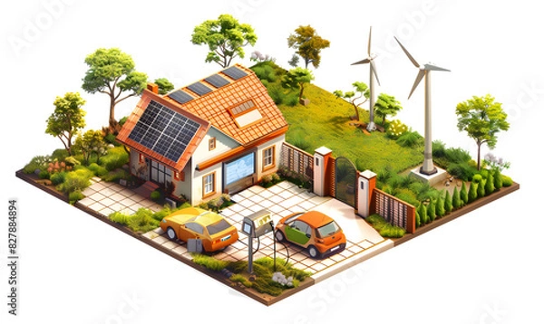 Fototapeta A large battery charging an electric car, with solar panels on the roof of a house and wind turbines in the background. A green energy concept vector. Generated AI.