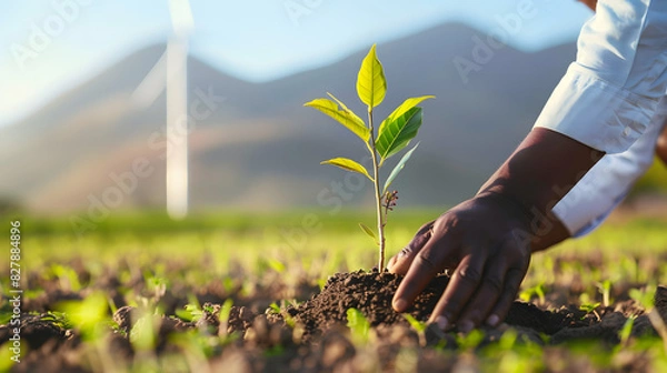 Fototapeta Close up of African man hand planting tree on brown soil with windmill in background, green environment and clean air concept. Generated AI.