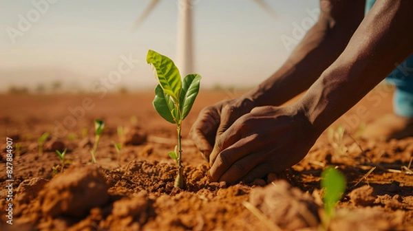 Fototapeta Close up of African man hand planting tree on brown soil with windmill in background, green environment and clean air concept. Generated AI.