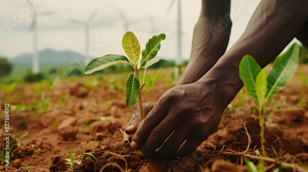 Fototapeta Close up of African man hand planting tree on brown soil with windmill in background, green environment and clean air concept. Generated AI.