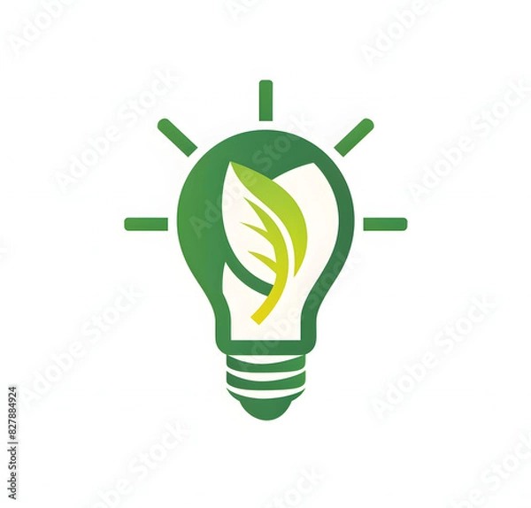 Fototapeta Logo, green lightbulb with leaf in the middle, white background, vector graphic design, simple, minimalistic style, modern logo, green and creme color palette. Generated AI.