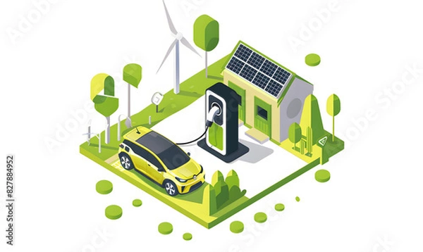 Fototapeta A large battery charging an electric car, with solar panels on the roof of a house and wind turbines in the background. A green energy concept vector. Generated AI.